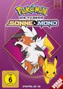 Titel: "Pokémon: Die TV-Serie - Sonne & Mond". Staffel 20-22. FSK ab 6. Illustration mit Pikachu und einem rothaarigen Wolf.
