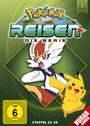 "Pokémon Reisen: Die Serie" zeigt ein kämpfendes Pokémon und Pikachu auf grünem Hintergrund. FSK 6, Staffel 23-25.