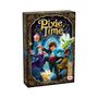 "Pixie Time" in verschnörkelter Schrift. Drei Kinder mit Fantasiewesen, im Hintergrund magisches Portal, bunte Kleidung.