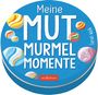 "Meine MUT MURMEL MOMENTE. Sarah Welk. arsEdition" auf blauem Hintergrund mit bunten Murmeln illustriert.
