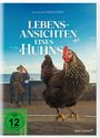 Text: "LEBENS-ANSICHTEN EINES HUHNS". Ein Huhn im Vordergrund, Mann mit Hut am Tisch im Hintergrund, Meerblick.