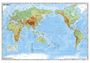 "Die Welt" in einer großen Karte, Länder und Ozeane mit Höhen und Tiefen visualisiert, umgeben von Länderflaggen.