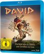 Der Text "DAVID". Darunter "Du bist nie zu klein, um Großes zu tun". Illustration mit kindlichen Figuren und mystischem Baum.