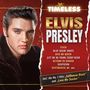 Texte: "TIMELESS", "ELVIS PRESLEY", Songtitel wie "FEVER", "BLUE SUEDE SHOES". Illustration eines Mannes in schwarzem Hemd.