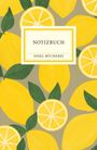 "NOTIZBUCH - INSEL-BÜCHEREI" auf gelbem Hintergrund mit stilisierten Zitronen und grünen Blättern.