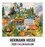 Gemälde einer farbenfrohen Landschaft mit Häusern und Bäumen, betitelt "HERMANN HESSE 2028 CALENDARIUM".