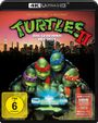 "Turtles II: Das Geheimnis des Ooze" steht über vier maskierten Schildkröten vor einer Stadtsilhouette bei Sonnenuntergang.