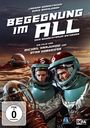 "BEGEGNUNG IM ALL" ist ein Filmposter mit zwei Personen in Raumanzügen vor einer futuristischen Kulisse.