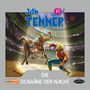 „JAN TENNER 42, DER NEUE SUPERHELD, DIE DOMÄNE DER NACHT“; Zwei Charaktere kämpfen in einer futuristischen Arena.