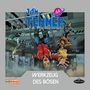 "Jan Tenner, Werkzeug des Bösen". Comic-Stil: Zwei Menschen fallen kopfüber in einer futuristischen Roboterfabrik.
