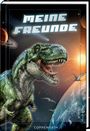 "MEINE FREUNDE" in Leuchtschrift. Ein Dinosaurier brüllt, Planeten und fliegende Kreaturen im Hintergrund.
