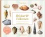 „Sticker & Etiketten, Zum Dekorieren und Verzieren.“ Umgeben von Illustrationen verschiedener Muscheln.