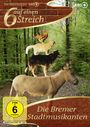 "6 auf einen Streich", "Die Bremer Stadtmusikanten". Tiere im Wald: Esel, Hund, Katze, Hahn übereinander.