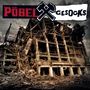 "Pöbel Gesocks" in einem destruktiven Stil. Darunter ein verwüstetes Gebäude, mit dunklem Himmel im Hintergrund.