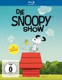 "Die Snoopy Show" in großen Buchstaben, darunter ein gelbes Schild: "Die Staffeln 1-3 auf 3 Blu-Rays". Snoopy sitzt auf einer roten Hundehütte.