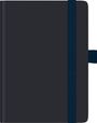 Kein Text. Ein schwarzes Notizbuch mit blauem Gummibandverschluss.