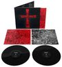 Zwei Schallplatten mit "Iommi" in der Mitte. Schwarzes Cover mit einem roten Kreuz zeigt Illustrationen.
