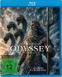 The Odyssey. Eine Reise. Ein Schicksal. Illustration: Krieger mit Dreizack, Meer im Hintergrund, mehrköpfige Schlange.