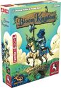 "Bloom Kingdom" in geschwungener Schrift; Ritter mit Rosenhelm auf Einhorn, grüne und blaue Landschaft; Logo: weißer Pegasus.
