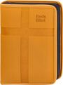 "Basis Bibel" steht auf einem gelben Buchcover, geprägt mit einem Kreuz und einem Reißverschluss an der Seite.