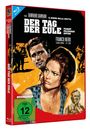 "DER TAG DER EULE" und "Regie: Damiano Damiani" auf einem roten Blu-ray Cover mit Illustrationen von Menschen.