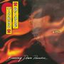 Text: „Tokyo Blade“, „Burning Down Paradise“. Illustration mit Flammen und einem halben Gesicht im Hintergrund.