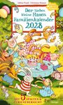 "Der Sieben kleine Hasen Familienkalender 2028", bunte Illustration mit Hasen und anderen Tieren bei einer Feier.