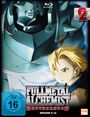 "Fullmetal Alchemist Brotherhood Episode 9-16, FSK ab 16 freigegeben." Zwei Figuren: ein großer gepanzerter und ein blonder Junge.