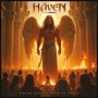 Text: "Häven", "Where Angels Fear to Tread". Ein muskulöser Engel mit Flügeln steht in einem brennenden Saal voller Menschen.