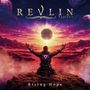 „REVLIN PROJECT“, „Rising Hope“. Illustration: Person im Anzug mit erhobenen Armen vor Sonnenuntergang und Planeten.