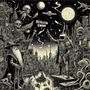 Text "REVOLUTION SWAMP", detailreiche Illustration mit Robotern, Zauberer und fantastischen Kreaturen in einer surrealen Stadt.