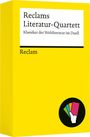"Reclams Literatur-Quartett: Klassiker der Weltliteratur im Duell. Reclam. Gelber Hintergrund mit Karten-Logo."
