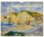 "KUNSTKALENDER 2027" in Weiß auf einem Gemälde von Küstenklippen, Meer, Booten und Häusern unter wolkigem Himmel.
