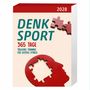 „Denk Sport“, „365 Tage“, „Tägliches Training für geistige Fitness“. Illustration eines Puzzleteils im Kopf.