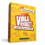 "VOLL VERSCHÄTZT" Kartenspielbox in Gelb mit Illustrationen. Text: "Jetzt wird's persönlich!", "DENKRIESEN".