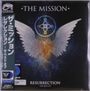 „THE MISSION“ und „RESURRECTION THE BEST OF“ vor einem Hintergrund mit Engelsflügeln und einem keltischen Symbol. Links Text in Japanisch.