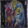 "Dinosaur Jr. Sweep it into Space" steht links in lila und gelb. Bunte abstrakte Malerei mit großen, auffälligen Augen.