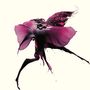 Eine dynamische Darstellung einer Blüte, die an ein Kleid erinnert, in kräftigem Magenta und Schwarz auf hellem Hintergrund.