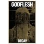 „GODFLESH“ oben, „DECAY“ unten. Eine Illustration einer Statue, die ihr Gesicht mit den Händen bedeckt.