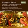 Texte oben: Havergal Brian, Psalm 23, Doctor Merryheart, By the Waters of Babylon. Unten: BBC Radio Logos, Illustration von Trauernden.