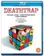Titel: "DEATHTRAP". Namen: MICHAEL CAINE, CHRISTOPHER REEVE, DYAN CANNON. Ein Rubik's Cube mit Köpfen statt Farben.