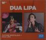 "DUA LIPA", "FUTURE NOSTALGIA + DUA LIPA", "2CD ORIGINALS". Zwei Fotografien von einer Frau, links mit Retro-Auto, rechts elegant posierend.