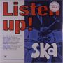 „Listen up!“ und „Ska“ in großen Buchstaben. Liste von Songtiteln wie „SKA-BOO-DA-BA“ von „The Skatalites“.