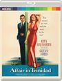 "Affair in Trinidad." Oben rechts ein Zitat: „You weren't the first... and you won't be the last!“ Frau in rotem Kleid steht neben Mann.