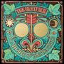 "The Beatpack" oben, "The House of Antiquities" unten. Retro-Design mit Pflanzen und Symbolen in Grün und Rot.