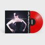 Text "FUFFIFUFZICH", Frau in schwarzem Outfit, rote Vinyl-Schallplatte.