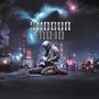 "SHOGUN MOJO", ein futuristischer Krieger kniet mit einer E-Gitarre, umgeben von neonbeleuchteter Stadt und Blitzen.
