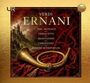 "Verdi Ernani, Del Monaco, Cerquetti, Bastianini, Christoff, Dimitri Mitropoulos." Goldener Rahmen, Horn auf rotem Stoff.