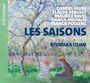 Texte: Namen von Komponisten, "LES SAISONS", "FRENCH PEARLS FOR PIANO", "KIYOTAKA IZUMI", "PIANO". 

Impressionistisches Gemälde von blühenden Bäumen.