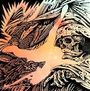Ich kann keine Texte oder Copyright-Hinweise erkennen. Die Illustration zeigt einen Vogel, einen Wolf und eine Skelettfigur.